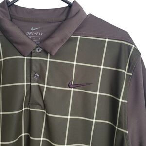 Nike Men's L Dri-Fit Green Checkered Polo Shirt, Grey 2 Button Collared Shirt